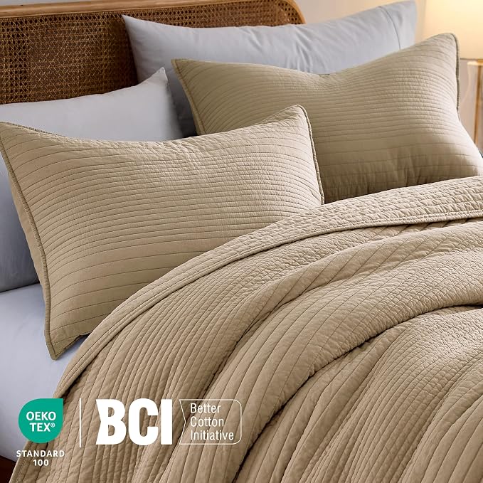 palassio Striped Dark Beige 100% Cotton Quilt King Size Bedding Sets, - Image 3