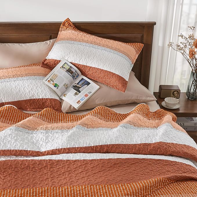 Andency Orange Quilt Cal King, 3 Pieces Patchwork Striped Bedspread Coverlet Set - Image 6
