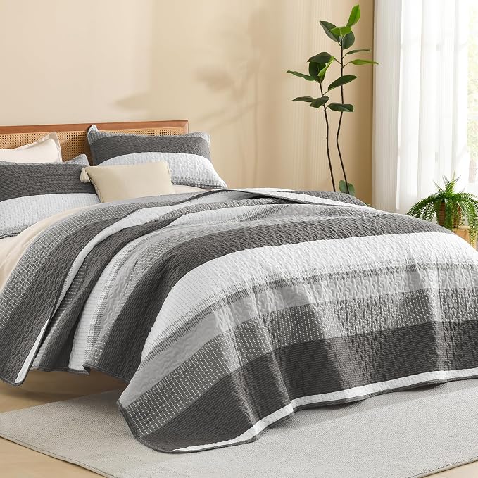 Litanika Oversized King Quilt Set Dark Grey, 128x120 Stripe Bedspread Coverlet by Litanika