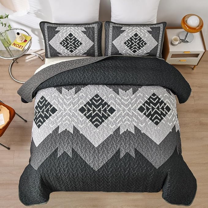 Dintszyayue Black Quilt Set Boho California King Size, 3 Piece Aztec Texture - Image 2