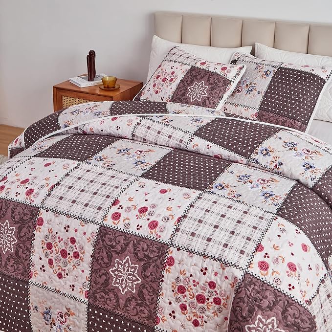 Patchwork Quilt Set King Size, 3 Pieces Brown Floral Plaid Summer Bedspread - Image 4