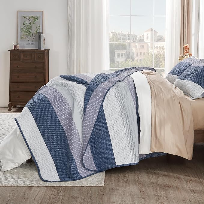 Andency Oversized Queen Quilt Bedding Set, 98x98Inch Mineral Blue Stripe - Image 3
