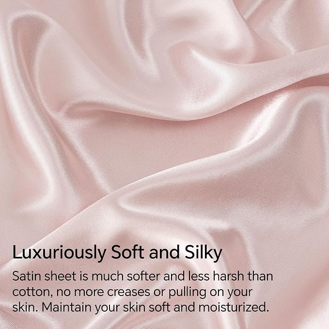 BEDELITE Satin Sheets Twin XL Size Bed Set, Luxury Soft Pink Silky Sheets - Image 3