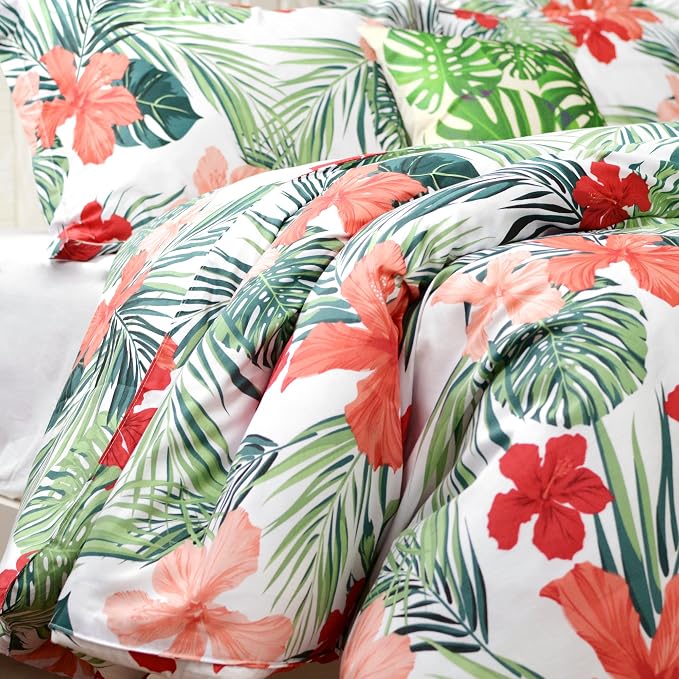 FADFAY Tropical Red Hibiscus Palm Leaves Duvet Cover Set Exotic Plants Bedding - Image 3