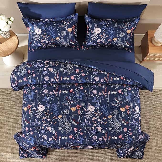 Yiran King Size Comforter Set, 7 Pieces Navy Blue Floral Soft Bedding Sets - Image 3
