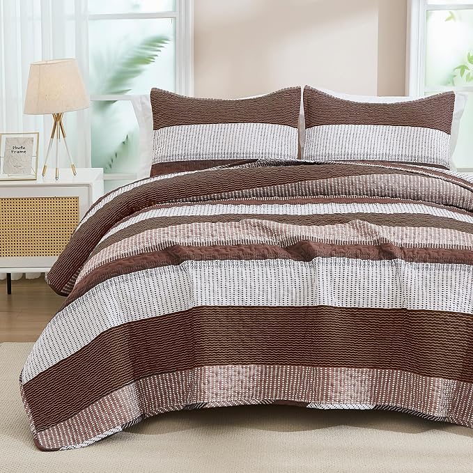 Andency King Size Quilt Set Brown, 3 Pieces Coffee Ultra Soft Lightweight by Andency
