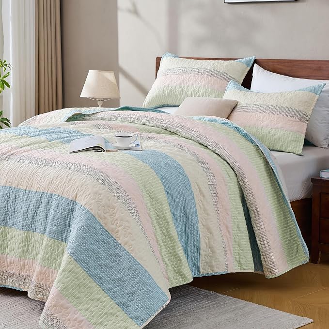 Andency Queen Quilt Bedding Set Blue Pink, 3 Pieces Patchwork Summer Striped by Andency