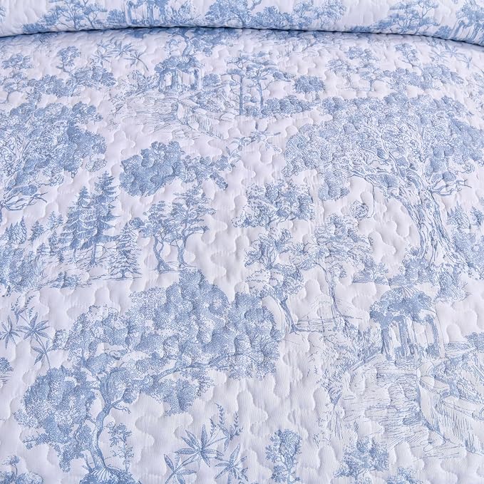 WONGS BEDDING Blue Quilt Set Full Size, 3 Pieces Botanical Bedspreads Set - Image 6