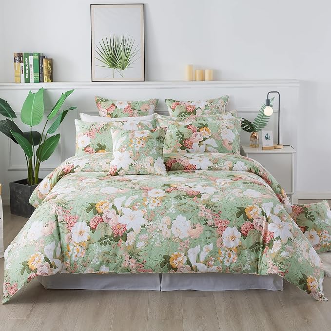 FADFAY Mint Green Floral Duvet Cover Set 100% Cotton Farmhouse Bedding Elegant - Image 9