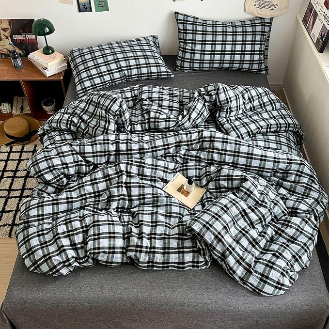 mixinni Vintage Grey & Pale Blue Buffalo Plaid Duvet Cover Set Queen Size - Image 2