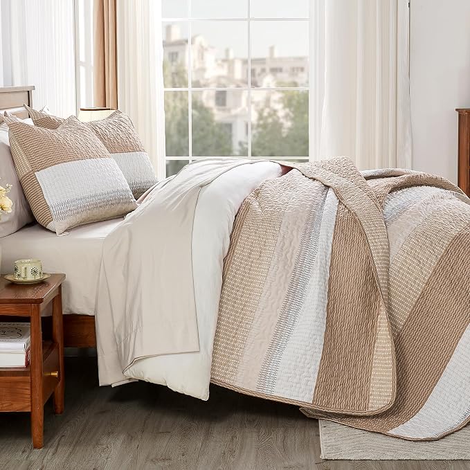 Andency Taupe Striped Quilt King, 3 Pieces Patchwork Bedspread Coverlet Set - Image 2