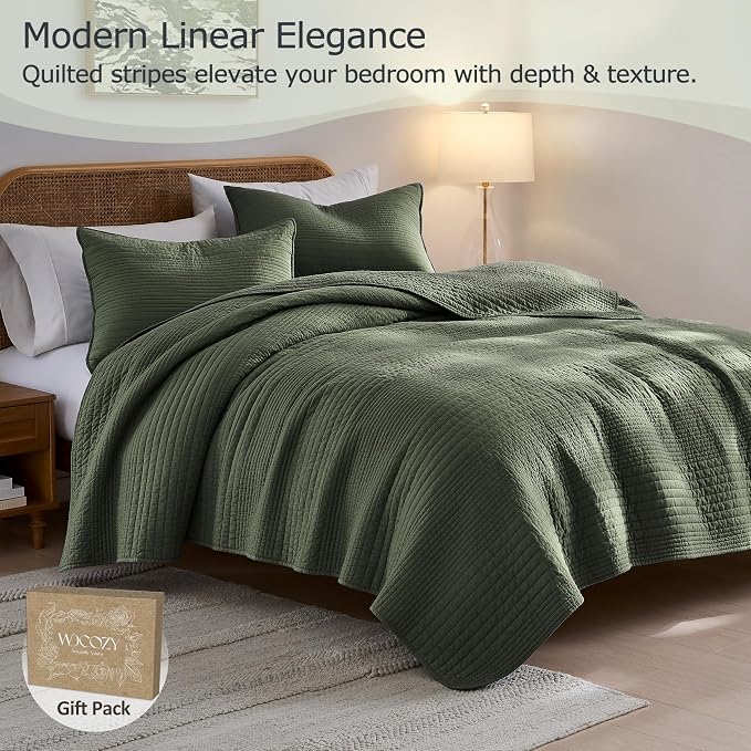 palassio Striped Olive Green 100% Cotton Quilt King Size Bedding Sets, - Image 2