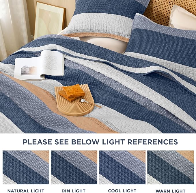 Litanika Quilt Queen Size BlueO, Stripe Patchwork Summer Bedspread Coverlet 3 - Image 6