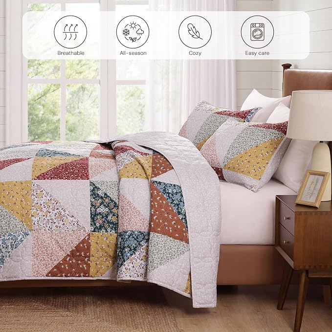 BLOOMHAVEN Quilt Set King Size, Patchwork Burnt Orange Floral Quilt Sets - Image 4