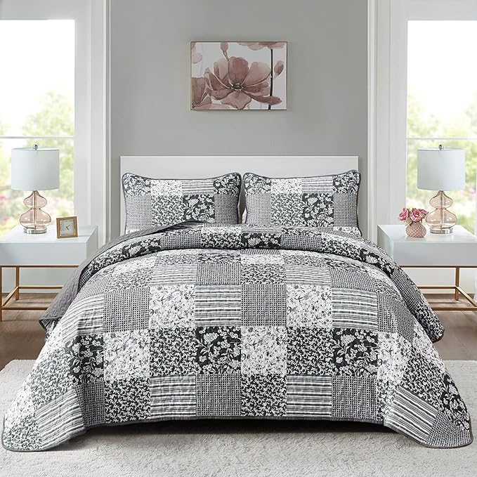 Mybedsoul Black Grey Boho Quilt Set California King Size, 3 Pieces Plaid Floral by Mybedsoul