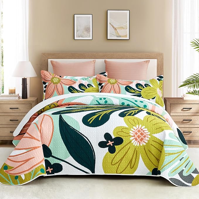 Tyrot 3 Piece Boho Floral Full/Queen Quilt Sets Farmhouse Reversible by TyrotHomeDecor