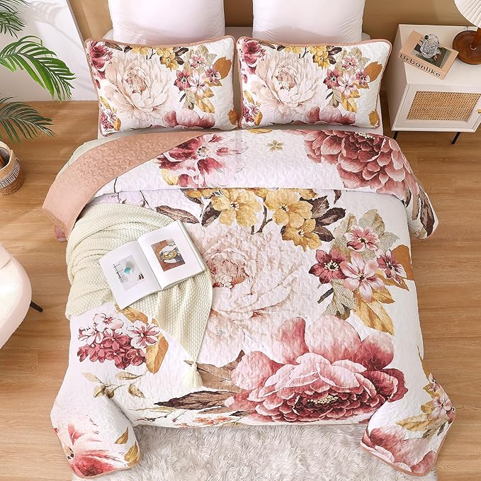 WONGS BEDDING Floral Quilt Set King, 3 Pieces Elegant Blush Flower Bedspread - Image 2