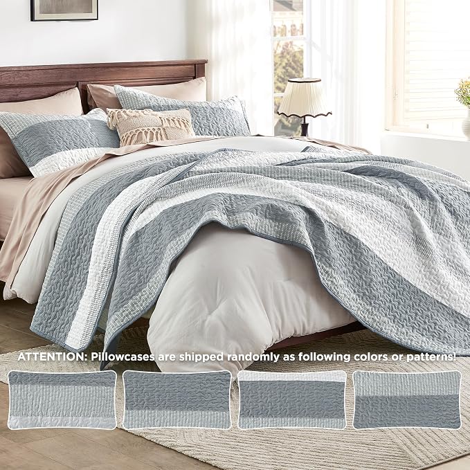 Andency Grey Striped Quilt Set Cal King, 3 Pieces Patchwork Bedspread Coverlet - Image 8