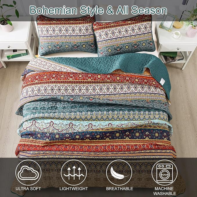 WONGS BEDDING Boho Full Quilt Set, 3 Pieces Green Brown Bohemian Full Size - Image 4