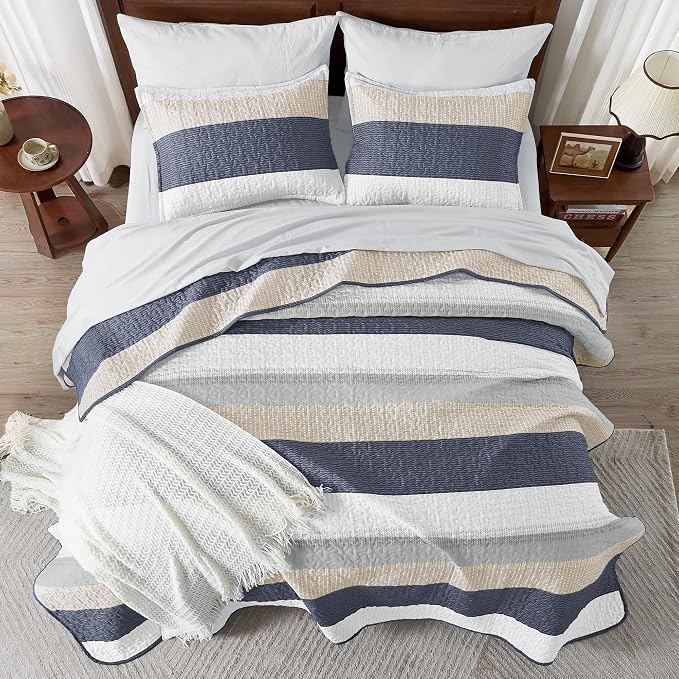 Andency Queen Quilt Bedding Set Yellow Blue, 3 Pieces Patchwork Summer Striped - Image 7