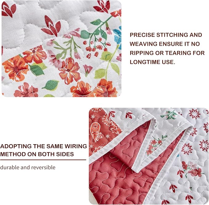 Joyreap 2 Pieces Floral Patchwork Quilt Set Twin, Burgundy Red n White Flowers - Image 4
