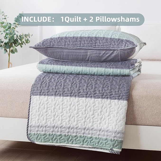 Andency Oversized King Quilt Set Sage Green, 120x120 Stripe Super King - Image 7
