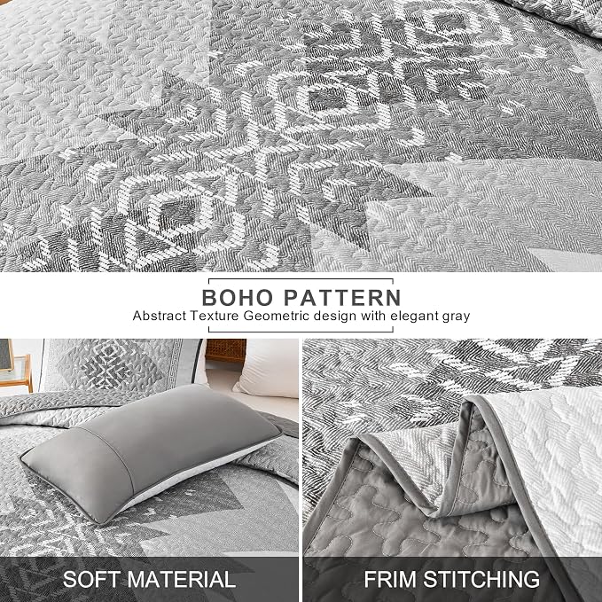 Boho Quilt Set King Size 3 Pieces Grey Aztec King Quilt Set Bohemian Bedspread - Image 4