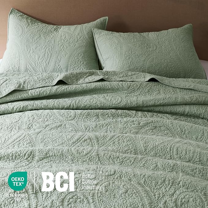 PALASSIO Sage Green Paisley 100% Cotton Quilt Queen Size Bedding Set - Image 3