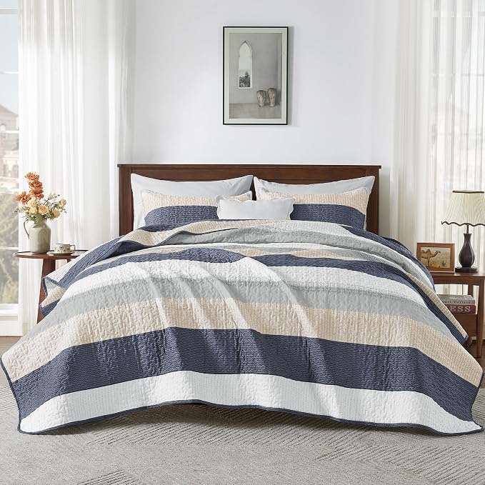 Andency Queen Quilt Bedding Set Yellow Blue, 3 Pieces Patchwork Summer Striped - Image 9