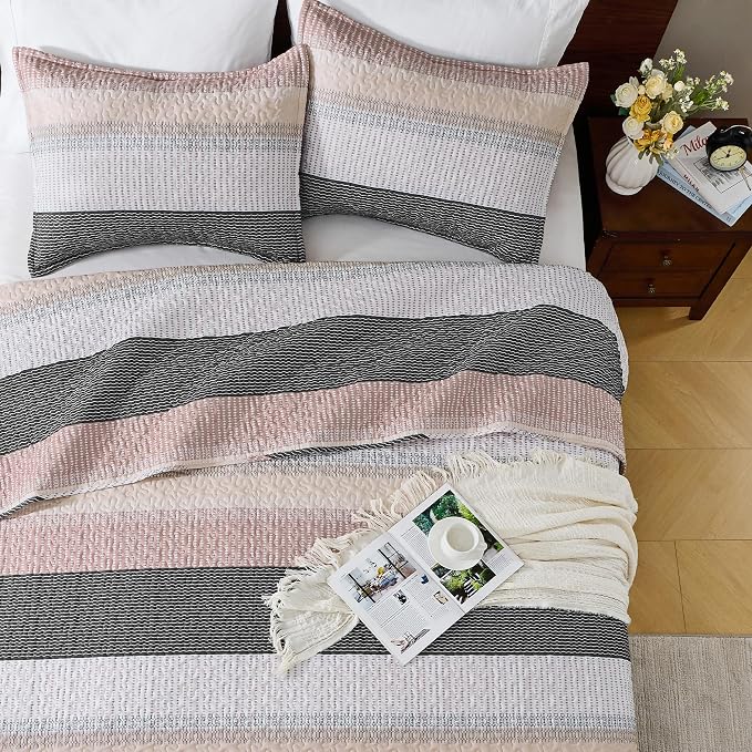 Andency Queen Quilt Bedding Set Grey Pink, 3 Pieces Patchwork Summer Striped - Image 4