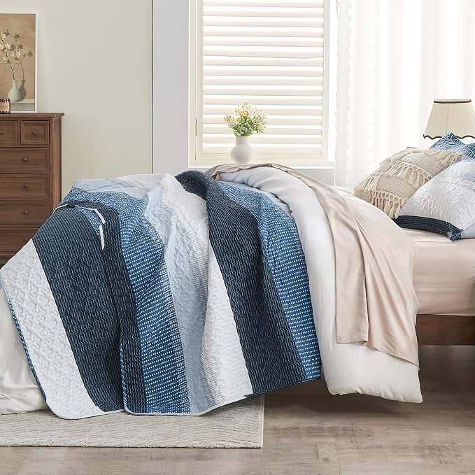 Andency Navy Blue Striped Quilt Queen, 3 Pieces Patchwork Bedspread Coverlet Set - Image 4