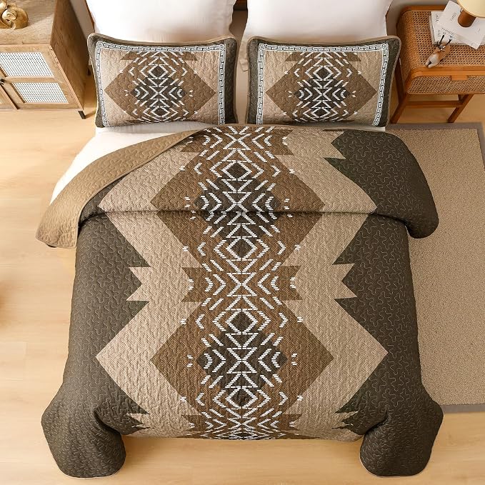 Dintszyayue Brown Quilt Set Queen Size, 3 Piece Boho Aztec Texture Bedspread - Image 3