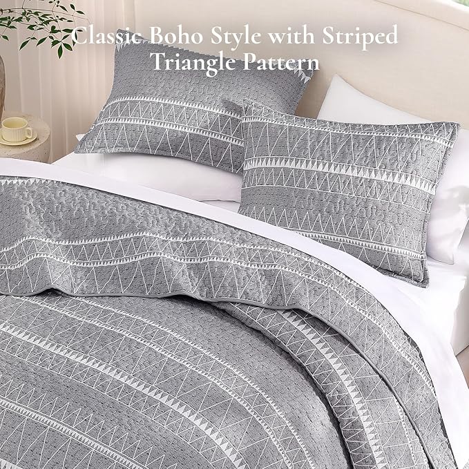 Andency California King Quilt Set Grey, 3 Pieces Boho Lightweight Soft Striped - Image 4