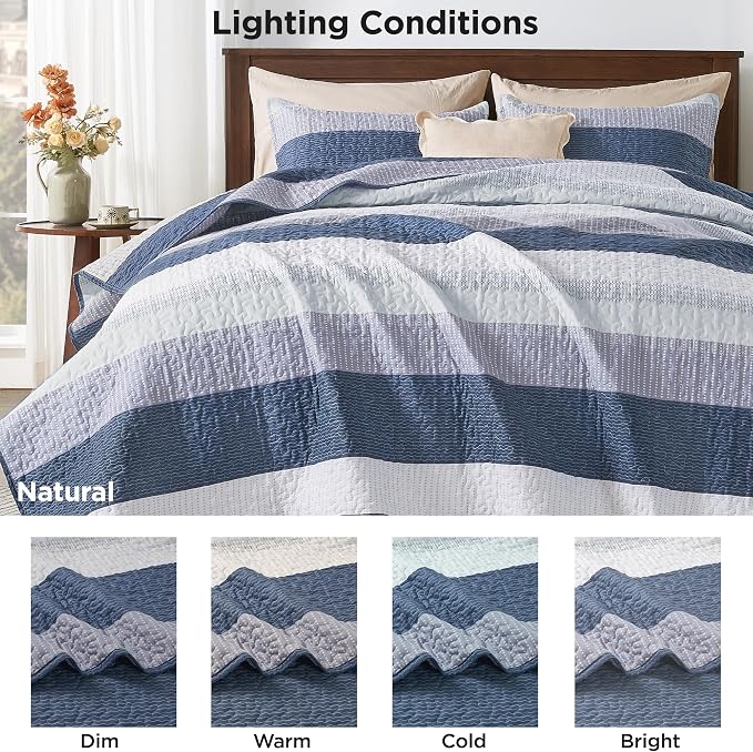 Andency Oversized Queen Quilt Bedding Set, 98x98Inch Mineral Blue Stripe - Image 9