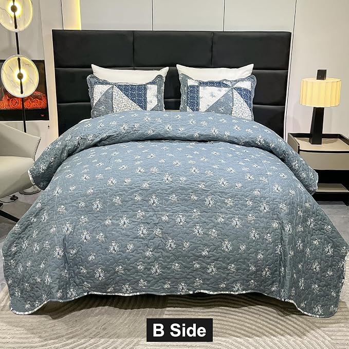 Full Queen Size Patchwork Quilt Set Grey Floral Reversible Quilted Bedspread - Image 3