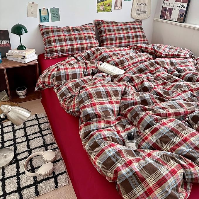 mixinni Vintage Red & Brown Buffalo Plaid Duvet Cover Set Twin XL Size - Image 5
