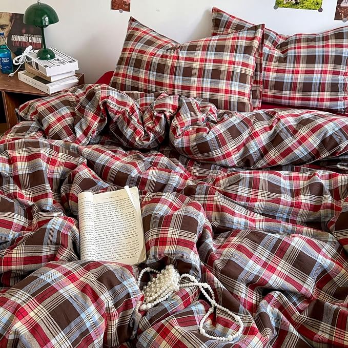 mixinni Vintage Red & Brown Buffalo Plaid Duvet Cover Set Twin XL Size - Image 4