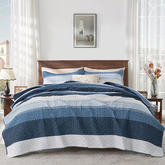 Andency Navy Blue Striped Quilt Set Cal King, 3 Pieces Patchwork Bedspread - Image 5