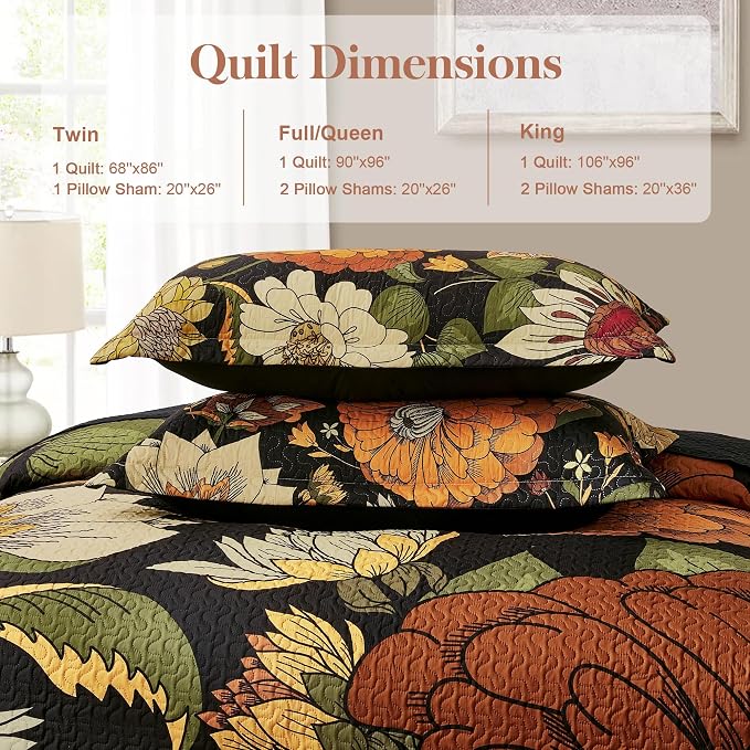 Tyrot 2 Piece Black Boho Floral Twin Size Quilt Sets Farmhouse Botanical - Image 6