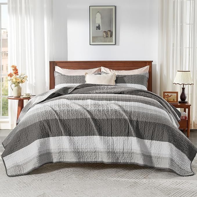Andency Oversized King Quilt Bedding Set, 120x98Inch Dark Grey Stripe Super - Image 9