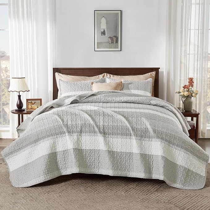 Andency King Size Quilt Set Linen Grey, 3 Pieces Summer Ultra Soft Lightweight - Image 9