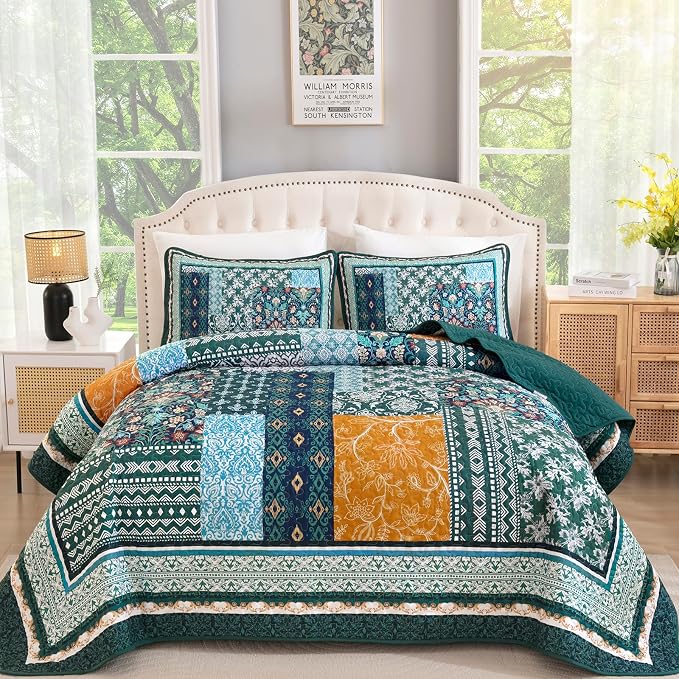 WONGS BEDDING Green Quilt Set King Size, 3 Pieces Boho Quilt Patchwork Quilt by WONGSBEDDING