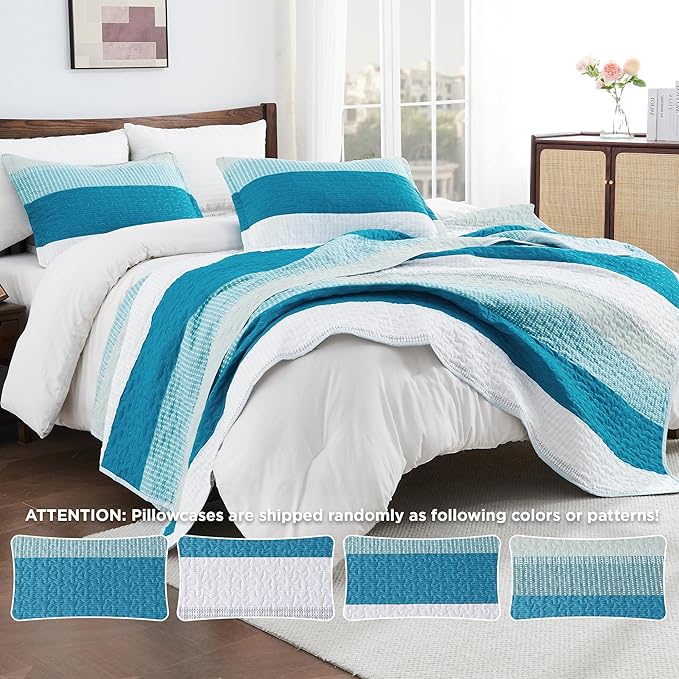 Andency Teal White Quilt Twin, 2 Pieces Patchwork Bedspread Coverlet Set - Image 4