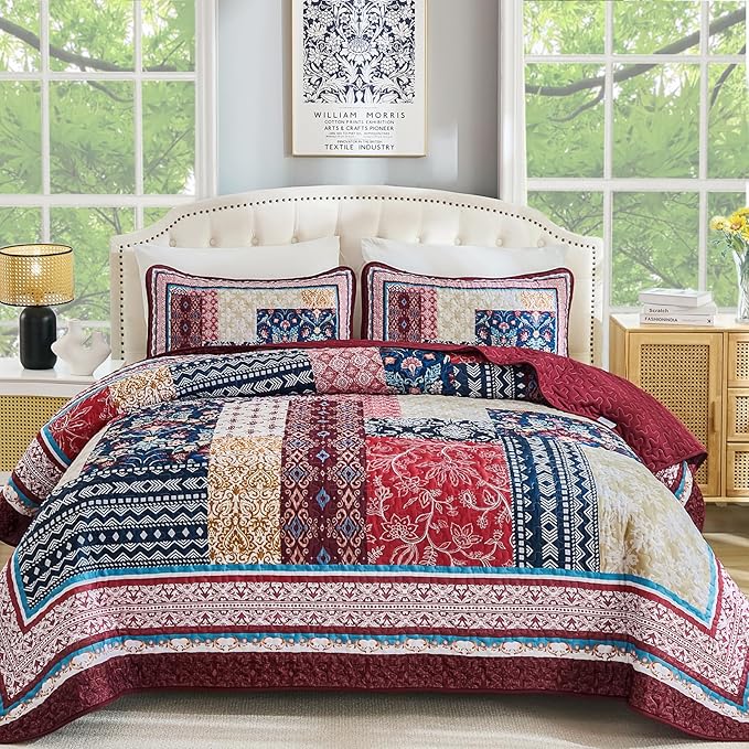 WONGS BEDDING Boho Quilt Set Queen Size, Reversible Farmhouse Floral Pattern by WONGSBEDDING