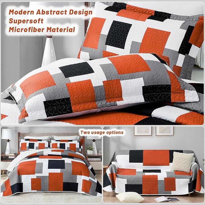 Tyrot 3 Piece Orange Grey Quilt Set California King Size Black White Gray - Image 3