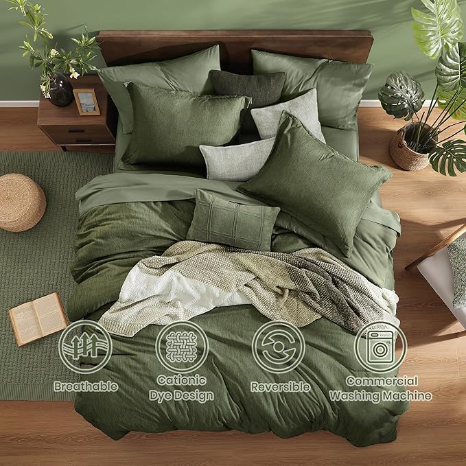 Monbix Super King Plus Comforter Set, Olive Green Cationic Dyeing Bedding Set - Image 2