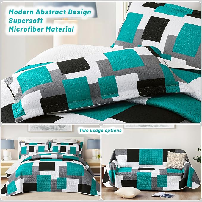 Tyrot 3 Piece Teal/Turquoise Grey Quilt Set King Size Black White Geometric - Image 3