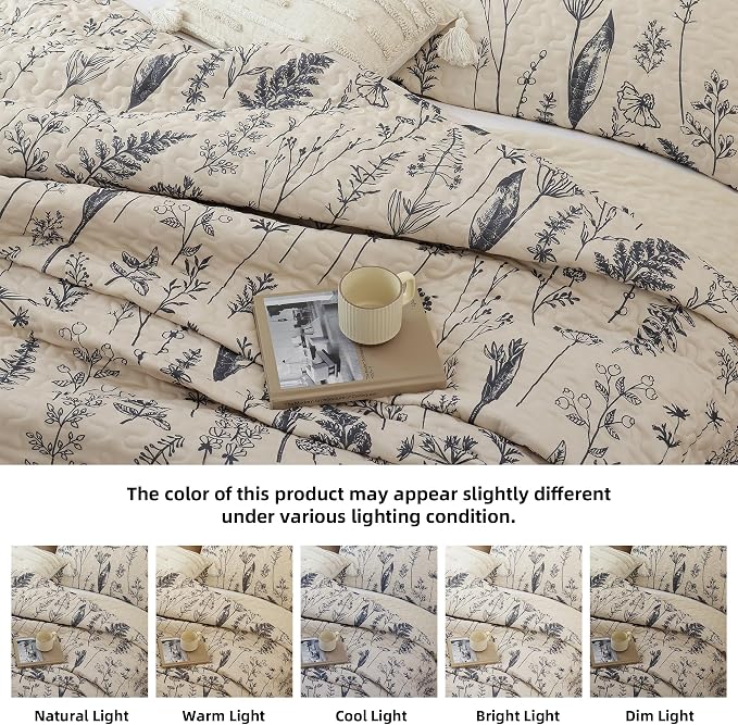 JANZAA Quilts Queen Size Beige Quilt Botanical - Image 4