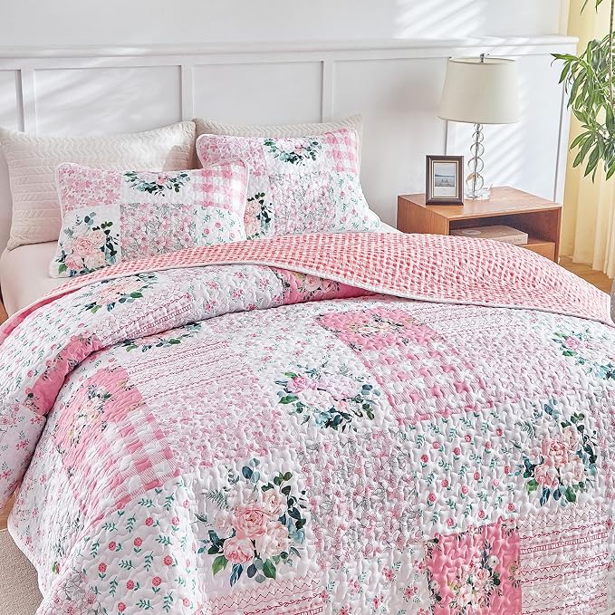Joyreap 3 Pieces Floral Patchwork Quilt Set Queen, Soft n Cozy Microfiber Quilt - Image 5