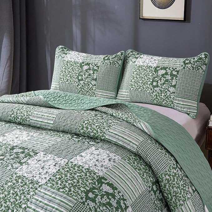 Mybedsoul Green Quilt Set Twin Size, 2 Pieces Plaid Floral Bedspread Set - Image 8